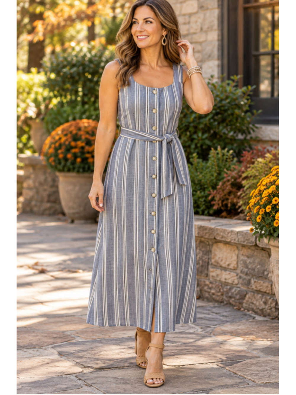 Women's LOFT Outlet Midi Dress Blue White Striped Button Front Size 16
